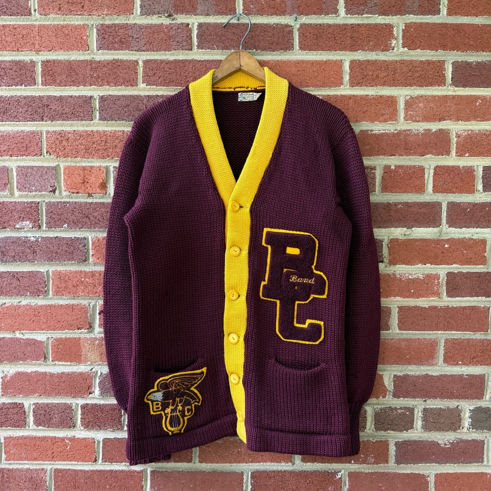 Vintage 50s Boston College Band Letterman Knit Cardigan Burgundy and Yellow